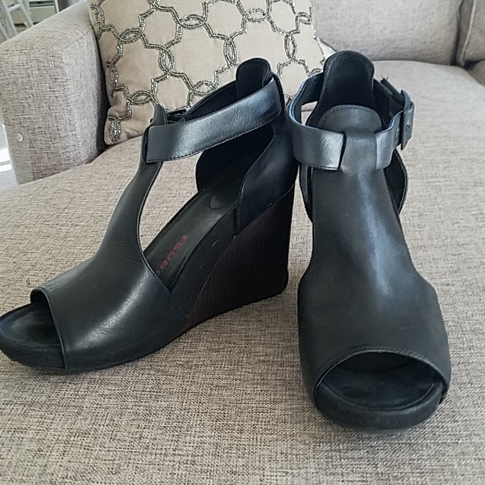 Black Leather Wedges with Ankle Strap